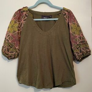 Maeve Anthropologie Olive Green Blouse with Embroidered Sleeves